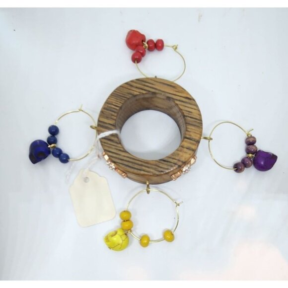 Colorful Skull-Themed Wine Glass Charms Set - 4 Unique Charms With Beads & Wood - Picture 3 of 13